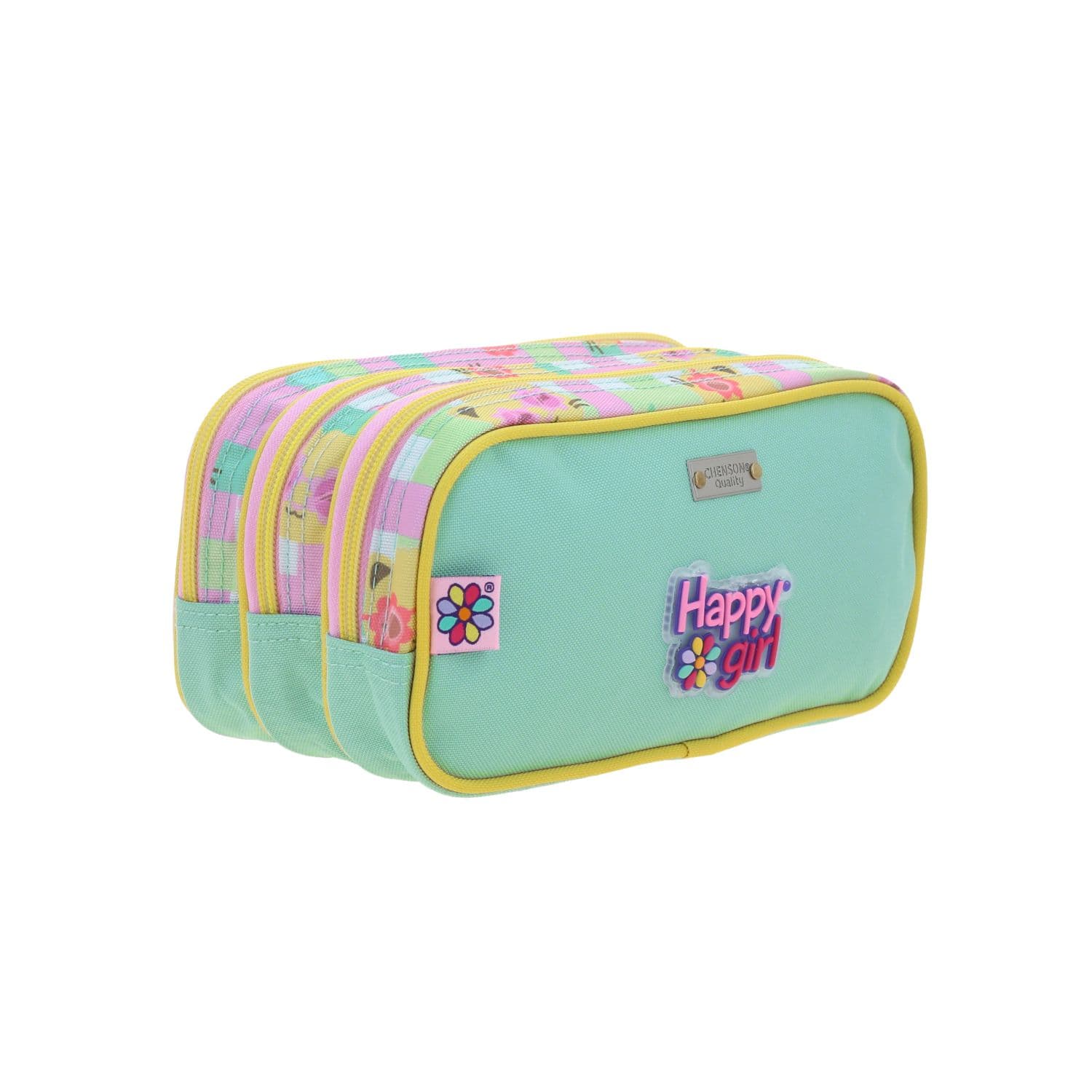 Lapicera escolar para niña Happy Girl rosa triple compartimento 3