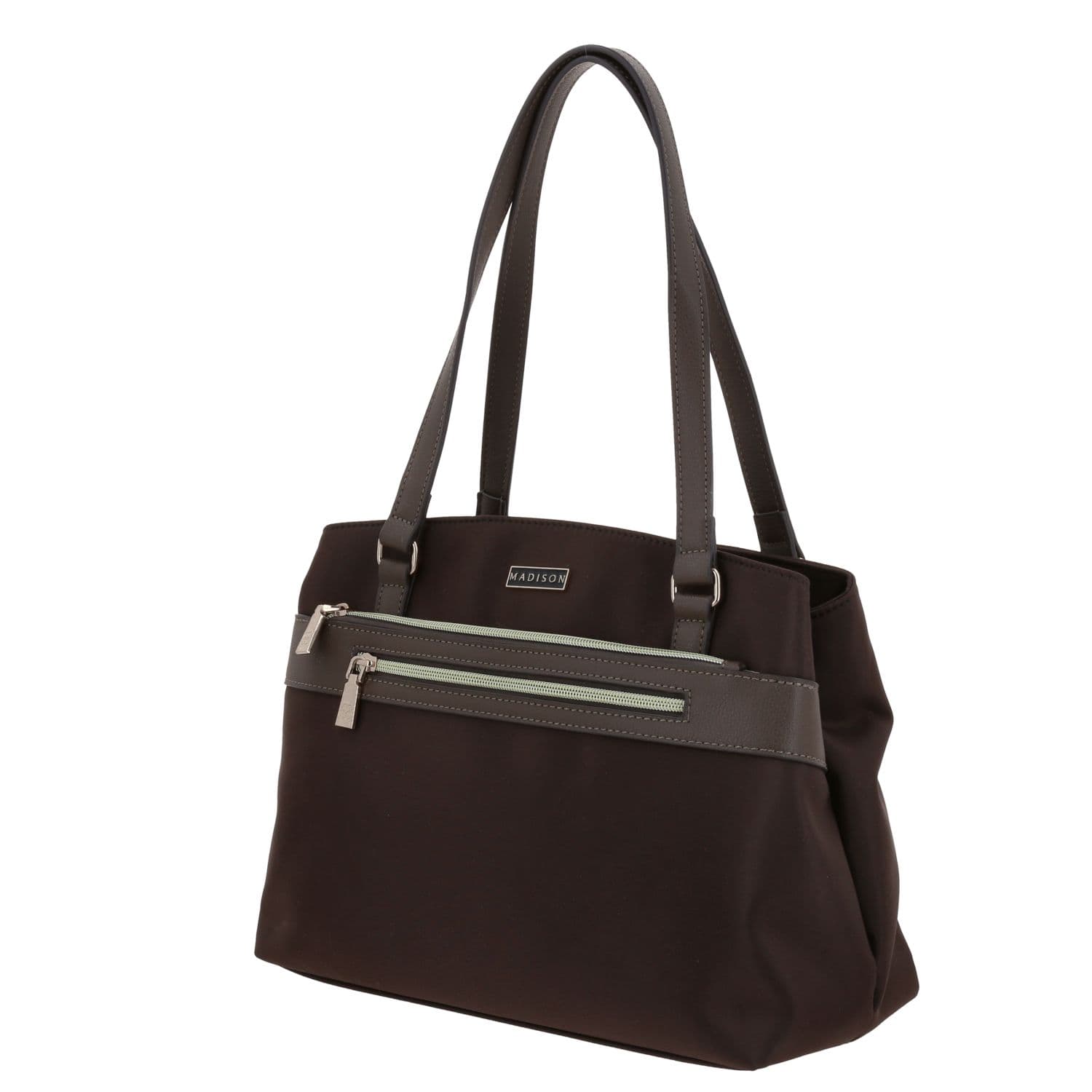 Bolsa grande para dama Madison by Chenson color café satinado con bolsillo frontal 2